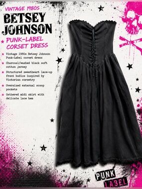 Vintage 1980s Betsey Johnson Punk Label Corset Dress Black Lace Up Midi L 10-12